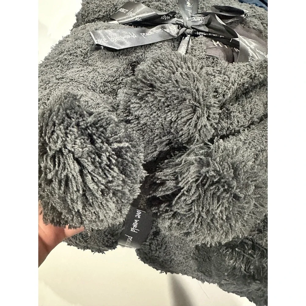 Peace Love World Home Gray Plush Pom Pom Throw Blanket I Love My Family 60x70